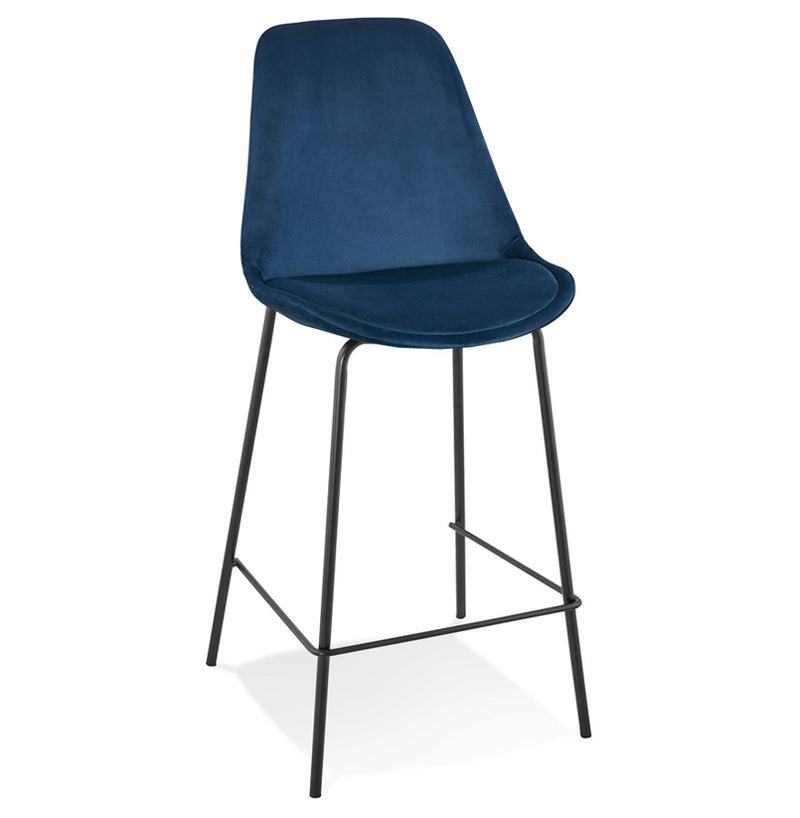 Halfhoge barkruk 'SPARK MINI' van blauw velours met zwarte metalen poten - Majorr