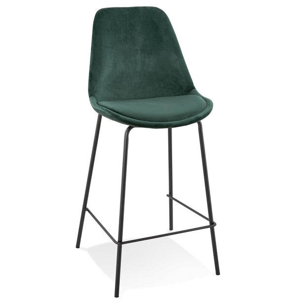 Tabouret de bar mi-hauteur 'SPARK MINI' en velours vert avec pieds en métal noir
