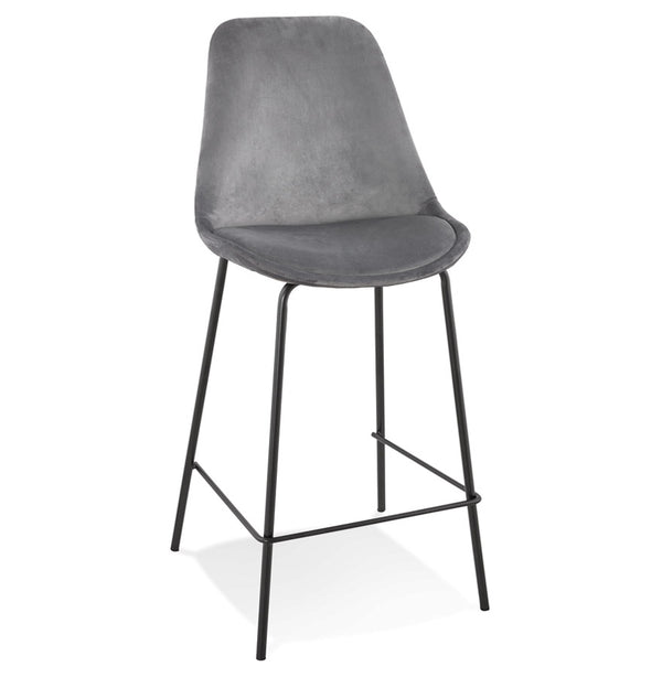 Tabouret de bar mi-haut 'SPARK MINI' en velours gris avec pieds en métal noir