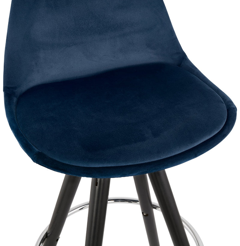 Halfhoge barkruk 'SPIRIT MINI' in blauw fluweel en poten in zwart hout - Majorr