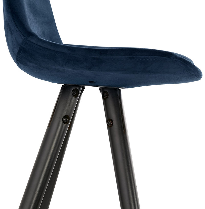 Halfhoge barkruk 'SPIRIT MINI' in blauw fluweel en poten in zwart hout - Majorr