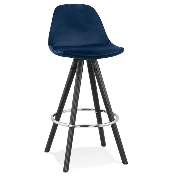 Halfhoge barkruk 'SPIRIT MINI' in blauw fluweel en poten in zwart hout - Majorr