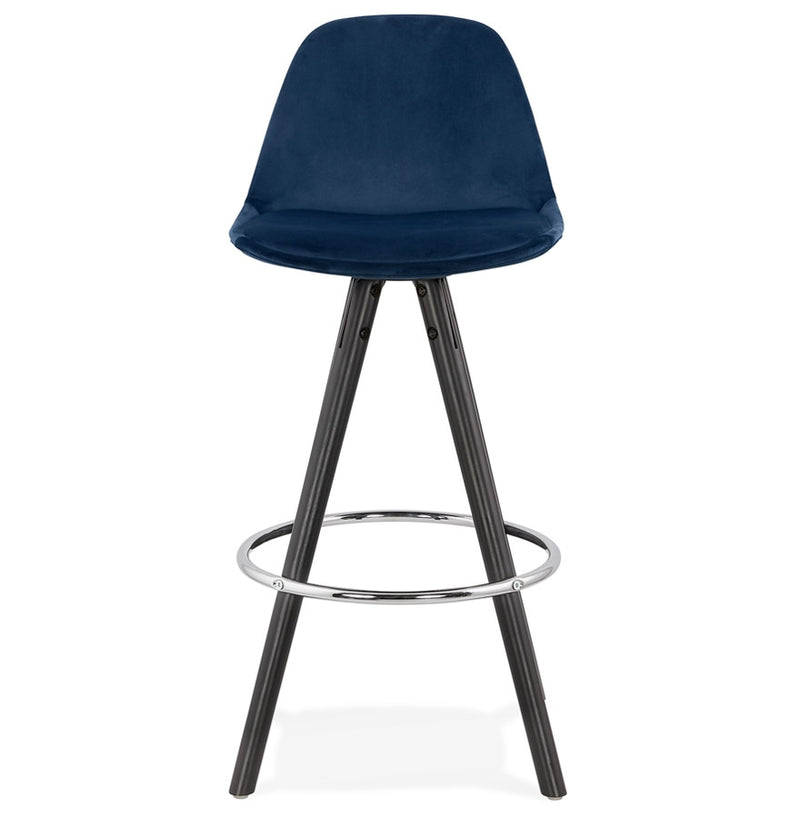 Halfhoge barkruk 'SPIRIT MINI' in blauw fluweel en poten in zwart hout - Majorr