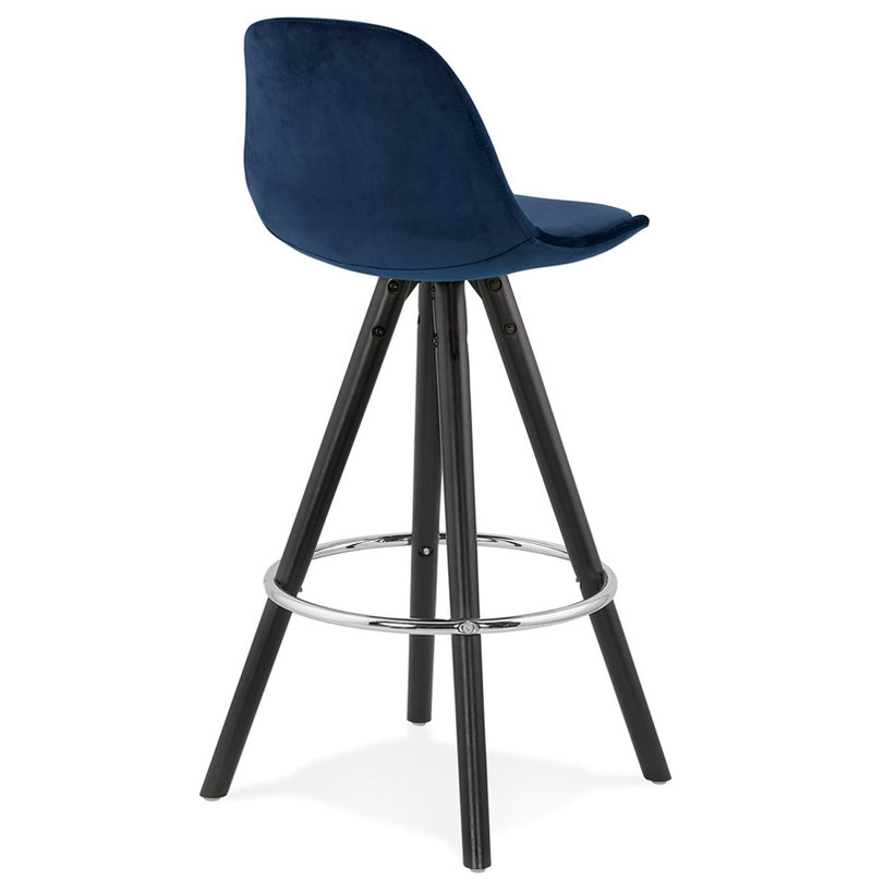 Halfhoge barkruk 'SPIRIT MINI' in blauw fluweel en poten in zwart hout - Majorr