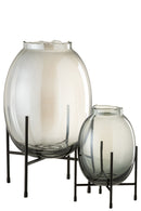 Vase On Foot Border Ribbed Grey Blue/Black Large - Majorr