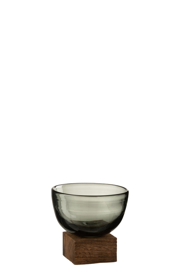 Vase On Foot Wide Glass/Wood Grey/Dark Brown Small - Majorr