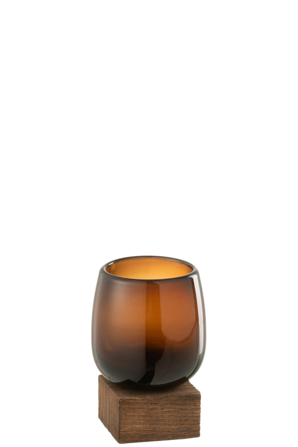 Vase On Foot High Glass/Wood Brown Small - Majorr