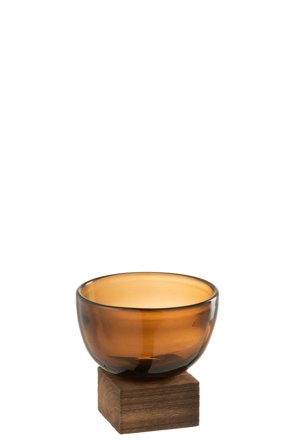 Vase On Foot Wide Glass/Wood Brown Small - Majorr