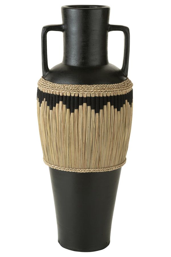 Vase Motif + Anses Terre cuite/Herbe de mer Noir/Naturel