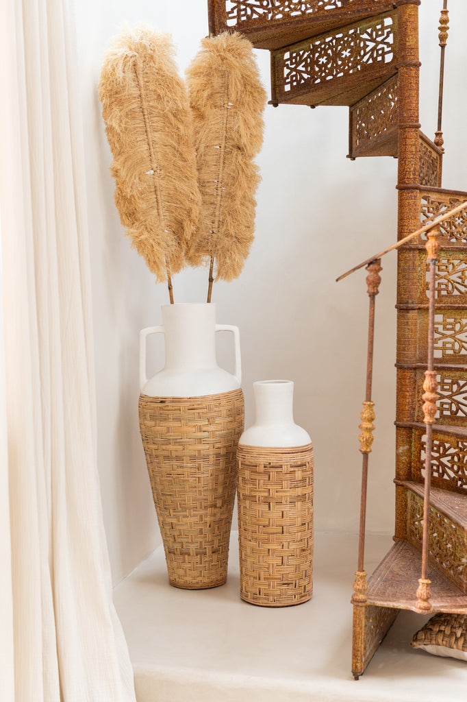 Vase Weaving+Handles Terracota/Rattan White/Natural - Majorr