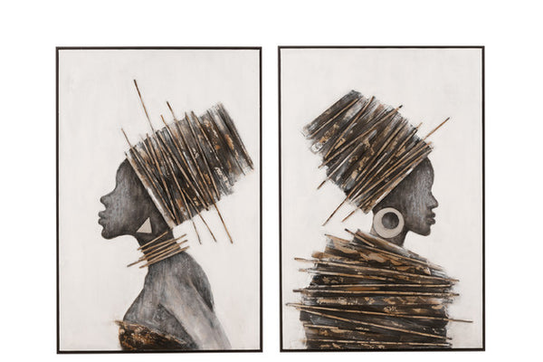 J Line Schilderij Afrikaanse Vrouw Hout/ canvas Bruin/Grijs Assortiment van 2 - Majorr